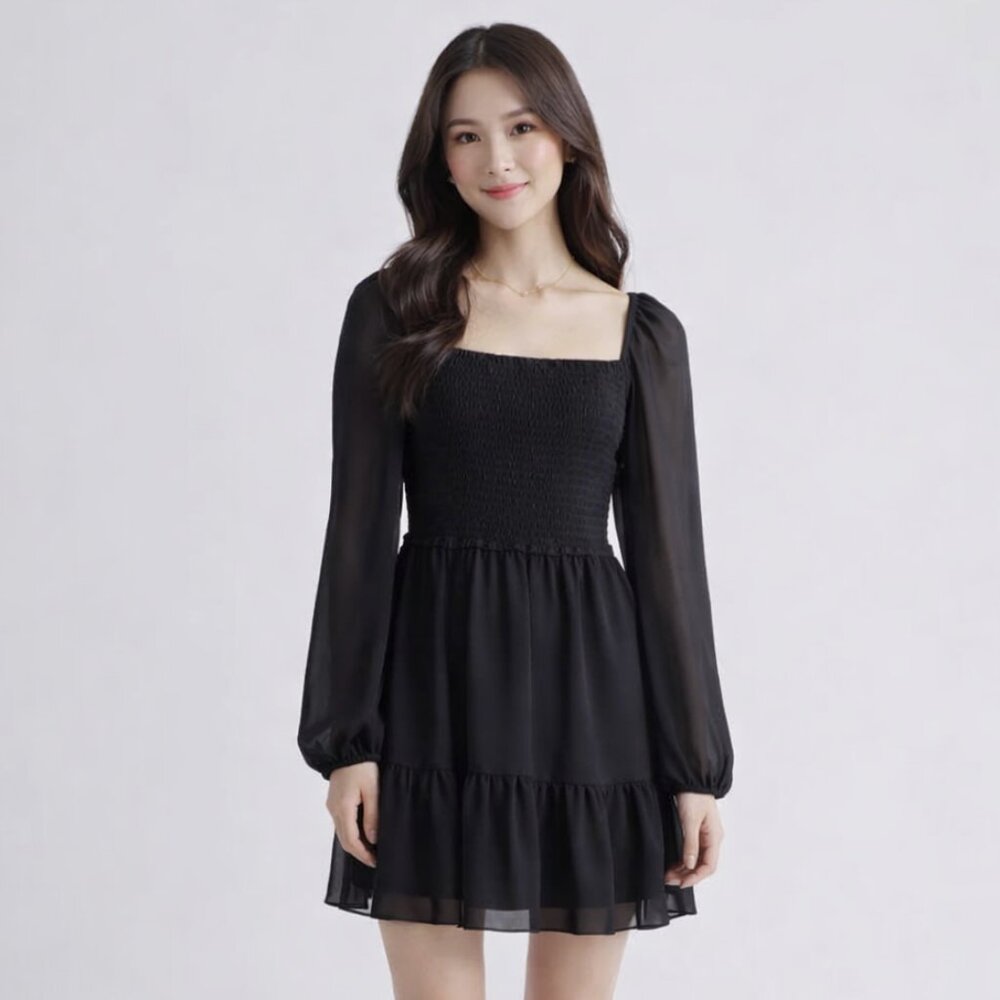 Quince Chiffon Smocked Long Sleeve Mini Dress sz XS Women's Black NWT